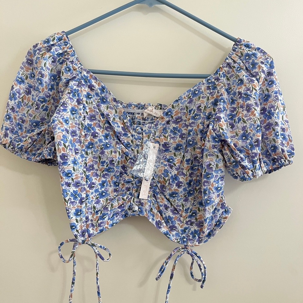 Floral Crop Top Small Puff Sleeve Button Front Smocked Peasant Y2K Cottagecore